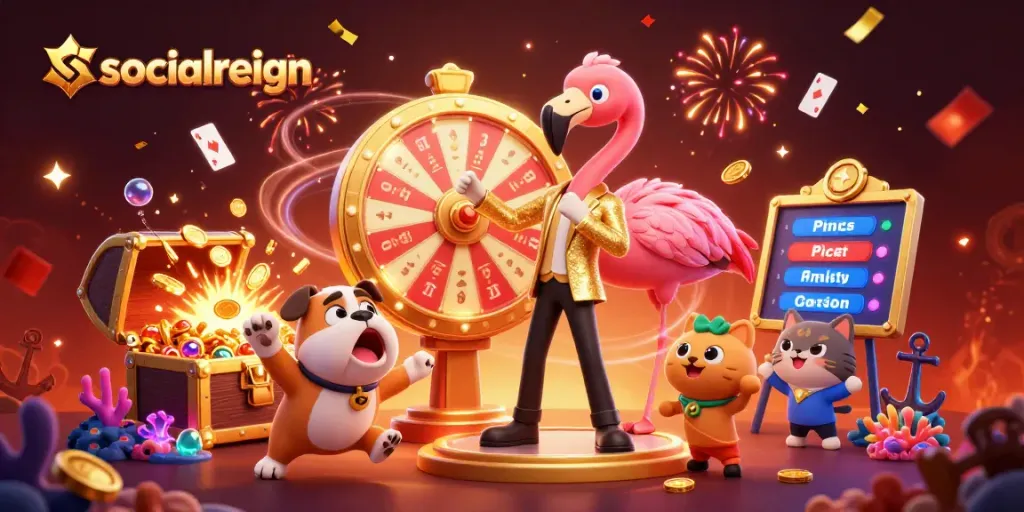 Spin the giant prize wheel with socialreign and win exciting gambling prizes amidst underwater treasures.
