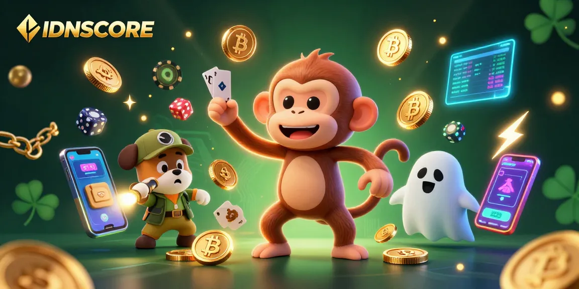 Engage with IDNSCORE's thrilling casino world featuring a playful poltergeist monkey and a curious ghost-hunter puppy.