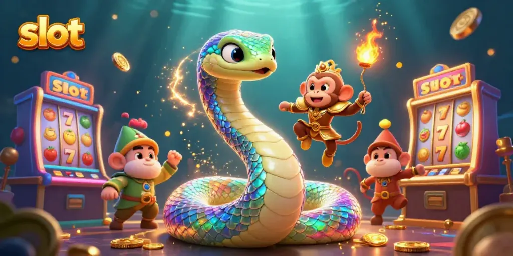 Slot mesin yang penuh warna dengan simbol keberuntungan dan karakter yang menarik dalam ilustrasi 3D
