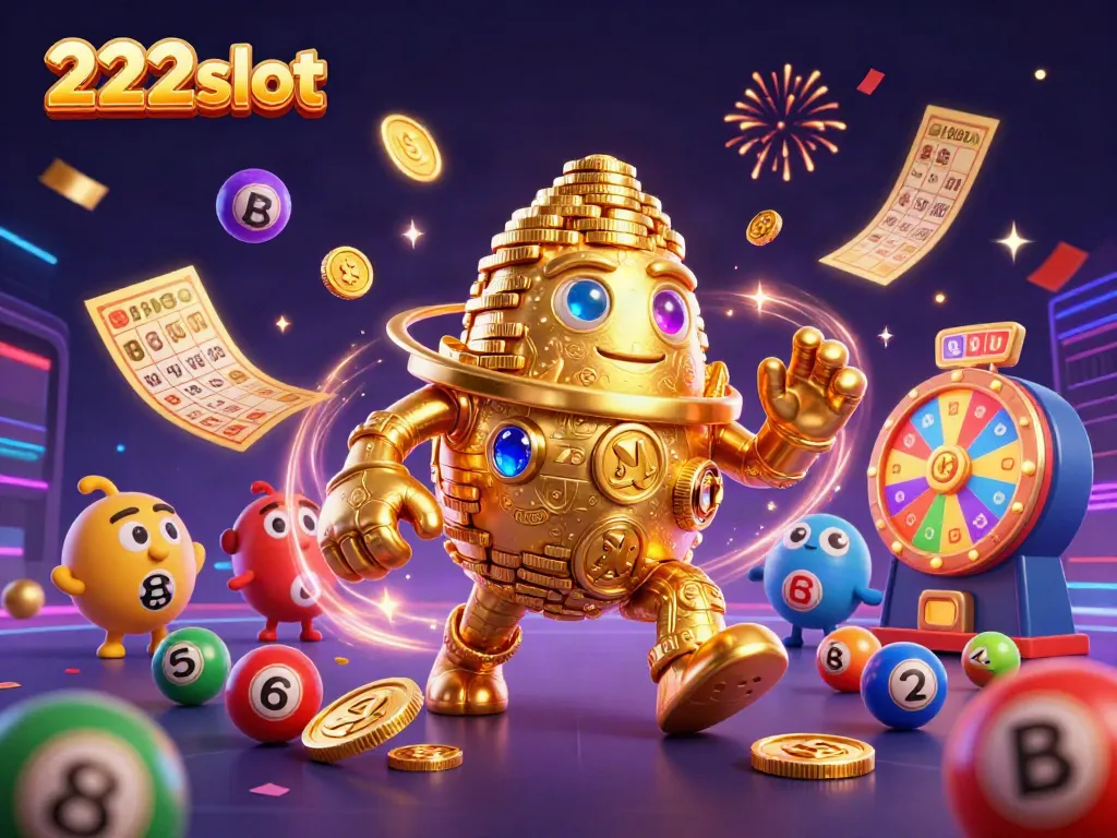 Mainkan 222slot dengan pengalaman visual menarik dari golem emas yang dikelilingi bola lotere berwarna-warni.
