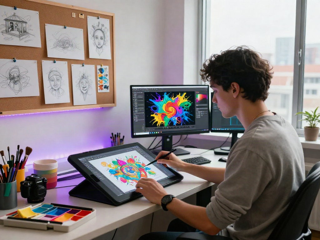 Artist creating NSFW AI-generated digital art in a modern studio