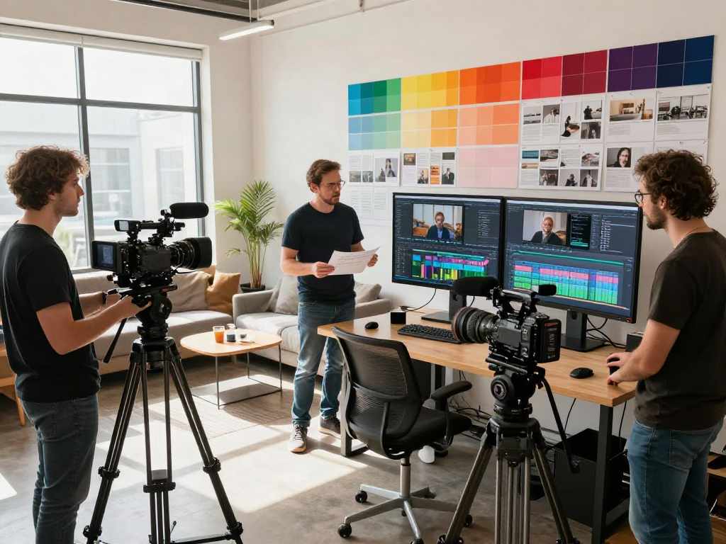Équipe créative dans un studio de production vidéo utilisant Atlas pro ontv pour collaborer sur un projet.