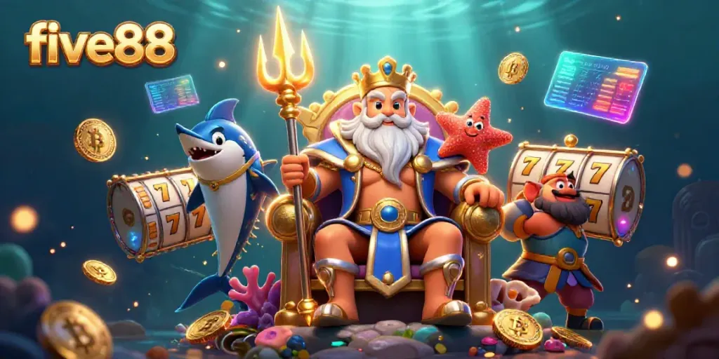 Experience excitement with five88's vibrant casino scene featuring Neptune and samurai bodyguard.