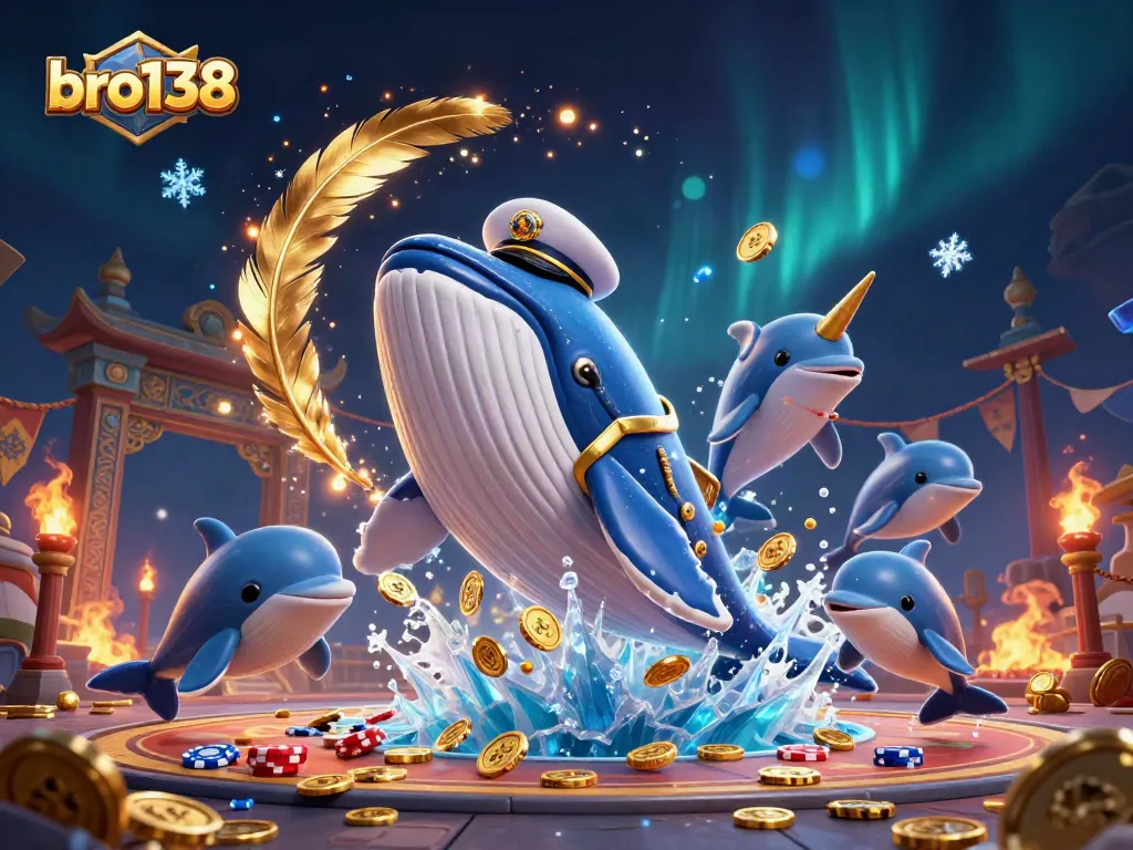 Bro138 game players enjoying a thrilling win with a whale and dolphins in a vibrant, gold-filled 3D scene.