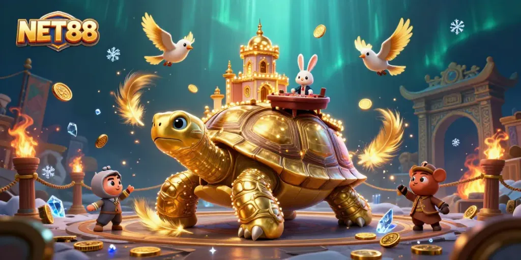 Experience thrilling gaming adventures with NET88's creative 3D casino illustration featuring vibrant characters and elements.
