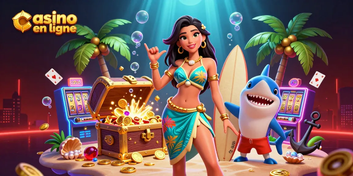 Participez à des jeux captivants de casino en ligne entourés de trésors dorés dans une scène sous-marine vibrante.