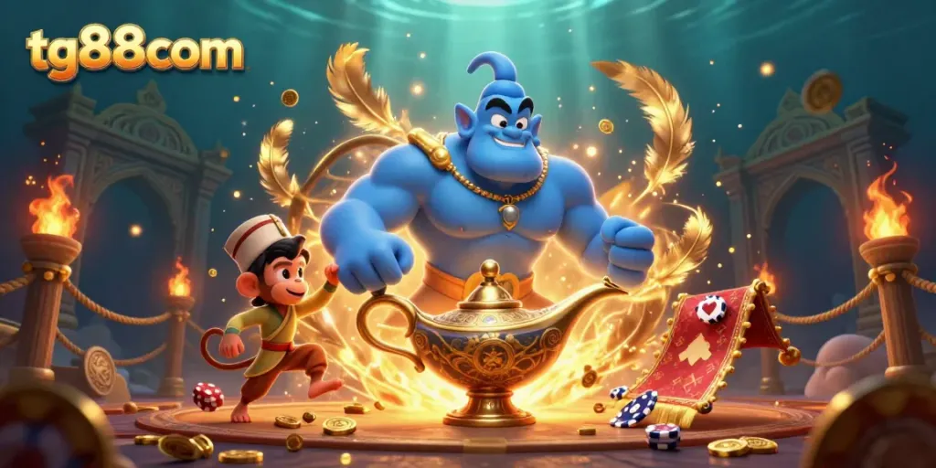 Engage in thrilling gaming adventures at tg88com, featuring a blue genie, poker chips, and gold coins.