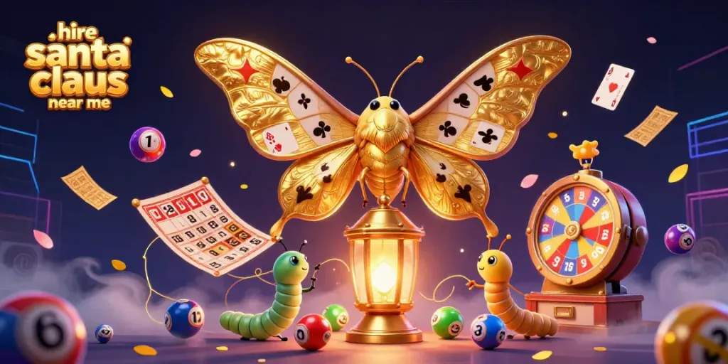 Engaging scene to hire santa claus near me, featuring a cartoon moth with casino-themed elements and vibrant lottery balls.