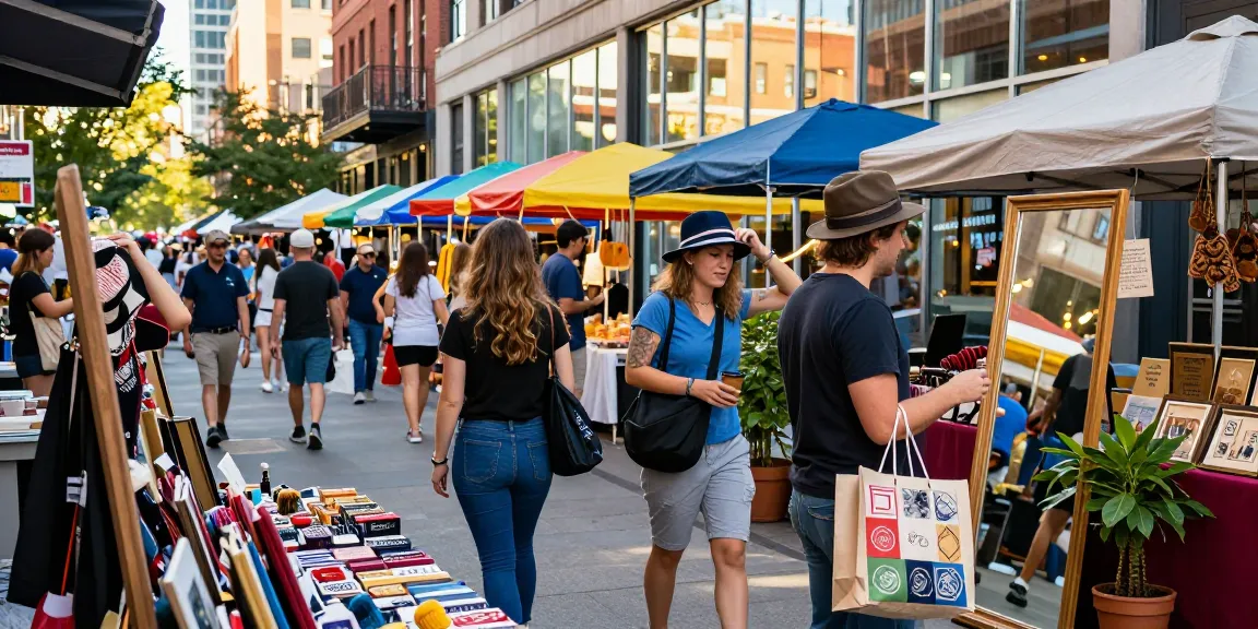 Shopping adventure at local market in vibrant city during late afternoon, highlighting unique artisan products and lively atmosphere.
