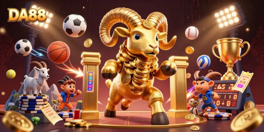 Experience DA88's dynamic gaming atmosphere featuring 3D sports themed characters and vibrant casino elements.
