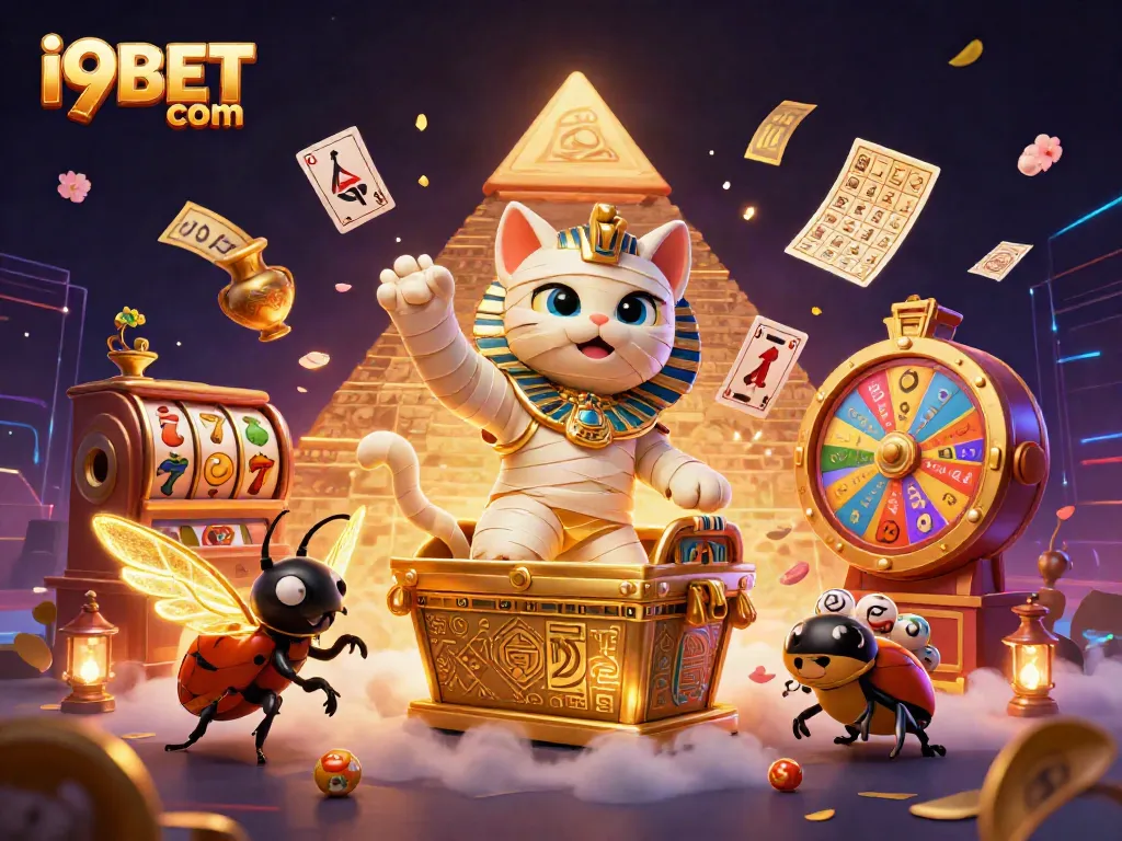 Experience the vibrant thrills of i9BET com's slot games with an Egyptian mummy cat and golden accents.