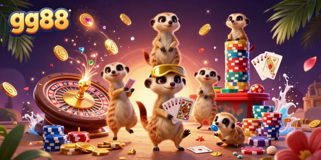 Experience the excitement of GG88 casino with meerkats navigating a colorful gambling world.