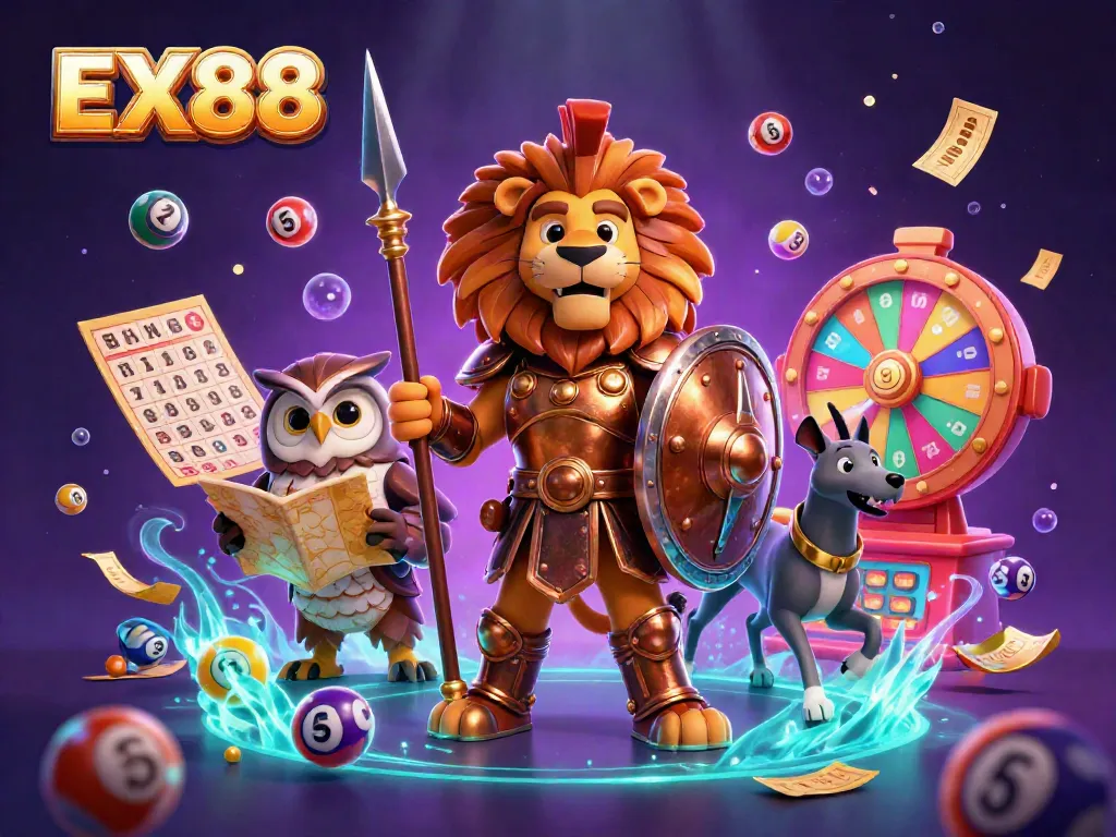 Experience excitement with EX88 as a Spartan lion, owl strategist, and greyhound messenger animate a vibrant casino scene.