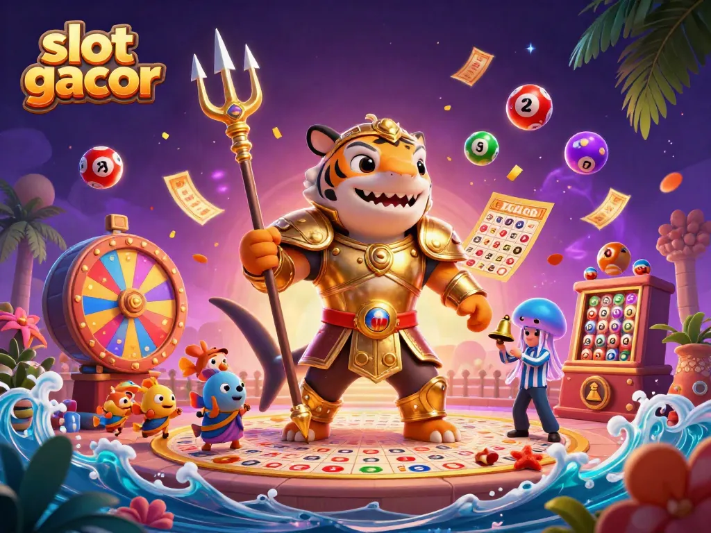 Engage in thrilling slot gacor games with a dynamic underwater scene featuring a fierce gladiator shark.