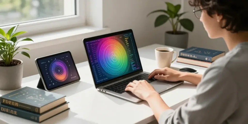 Gambaran orang menganalisis interpretasi mimpi di laptop dengan buku simbolisme mimpi dan tanaman hias di sekitar bukumimpi138.