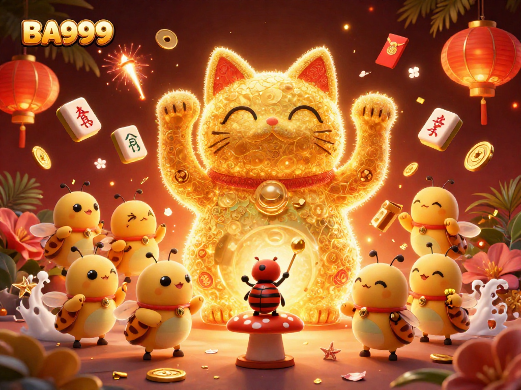 Experience the vibrant BA999 gaming scene with a golden lucky cat and floating casino elements.