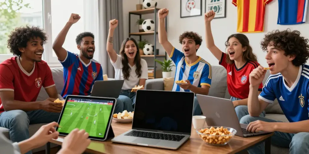 Fans engaging with live football streaming at gavangtv.life in a lively home setting.