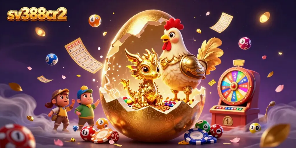 Bet on exciting games with sv388cr2, showcasing a golden dragon amidst poker chips and vibrant lottery elements.