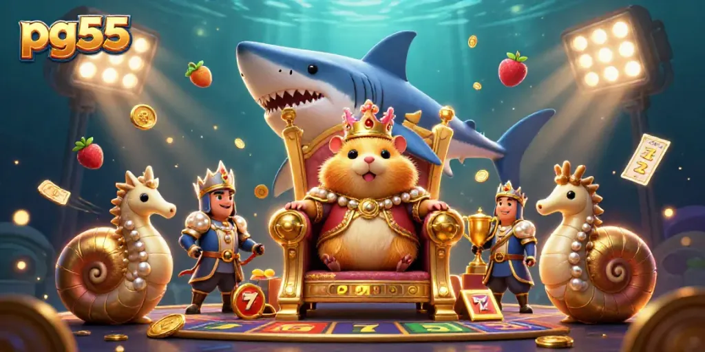 Experience the thrill of pg55 with a golden hamster king and exciting slot elements.