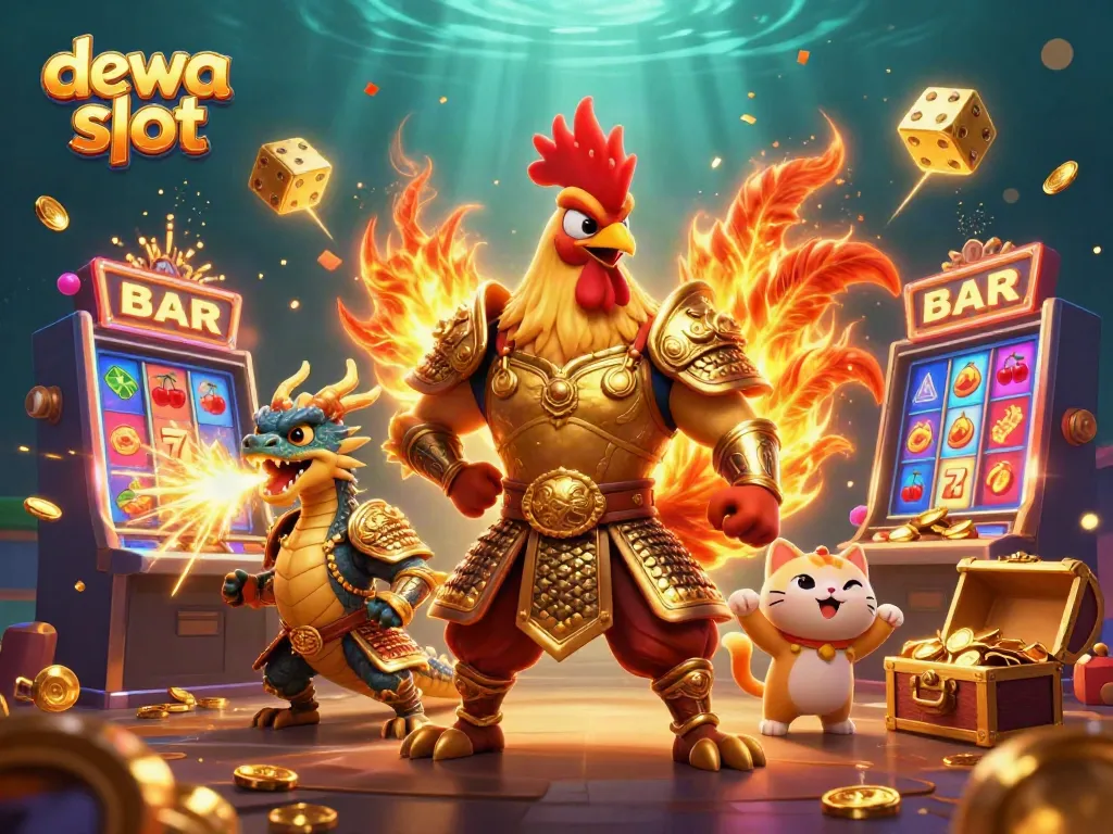 Ilustrasi 3D Dewa Slot menampilkan ayam jantan pejuang dan naga mendesis yang dikelilingi mesin slot dan koin kemenangan.