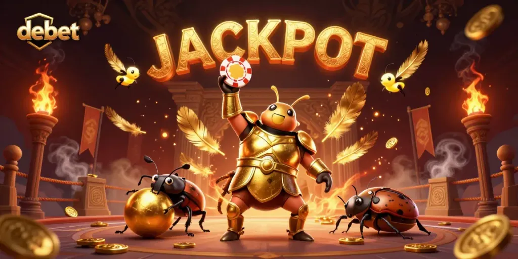 Experience the excitement of debet with a 3D beetle victory showing off its poker chip, surrounded by casino elements.