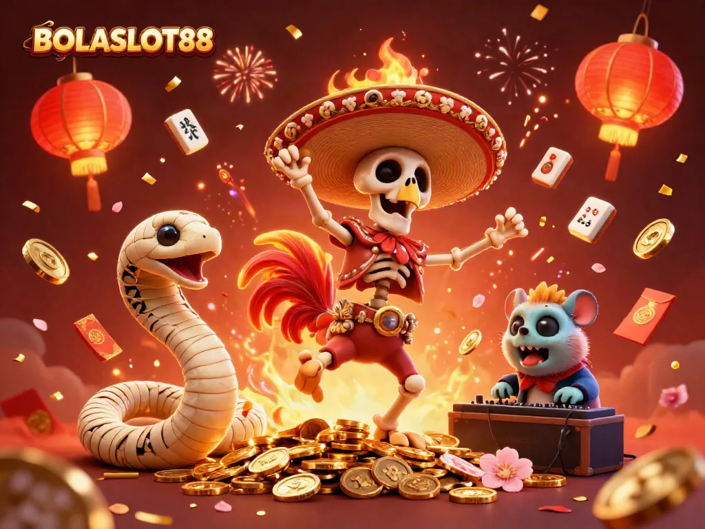 BOLASLOT88 energizes the casino atmosphere with a festive 3D illustration featuring a dancing rooster on gold coins.