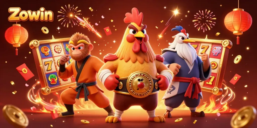 Zowin celebrates wins with an energetic casino scene featuring lucky symbols and festive elements.