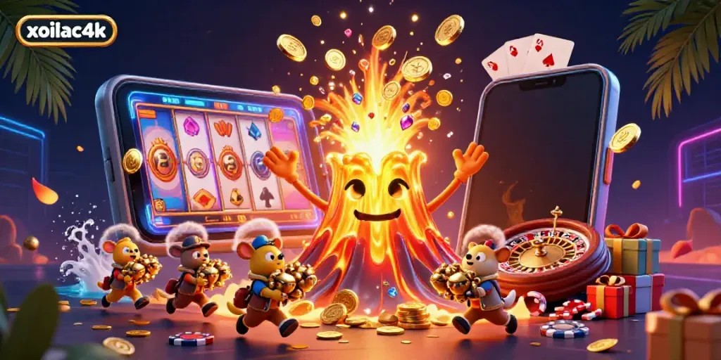 Experience thrilling entertainment with xoilac4k as treasures erupt from a golden volcano scene.