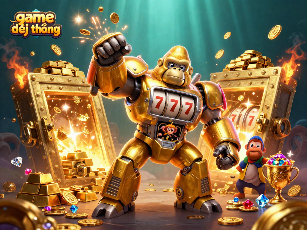 Engage in thrilling game đổi thưởng with a golden gorilla mech and treasure explosion.