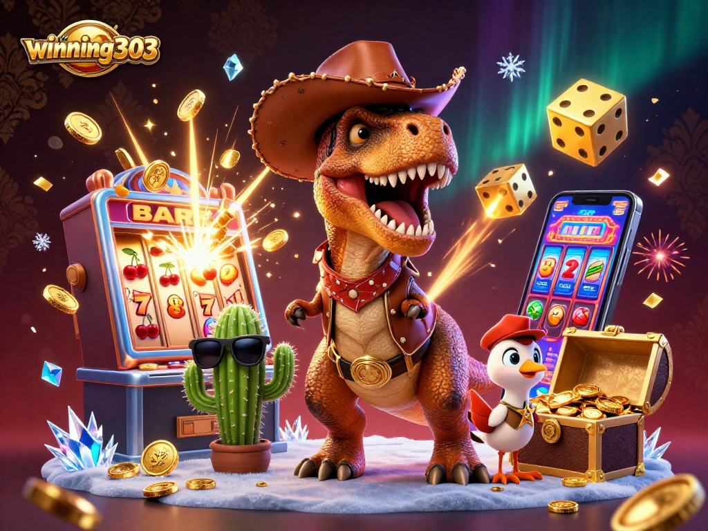 Winning303 cartoon scene with a cowboy dinosaur and jackpot slot machine surrounded by casino elements.