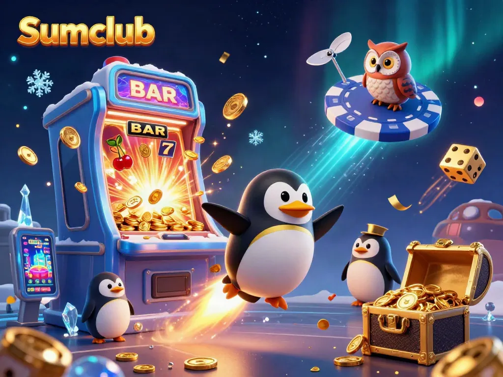 Engage with Sumclub, featuring a dynamic golden penguin and exciting casino elements.