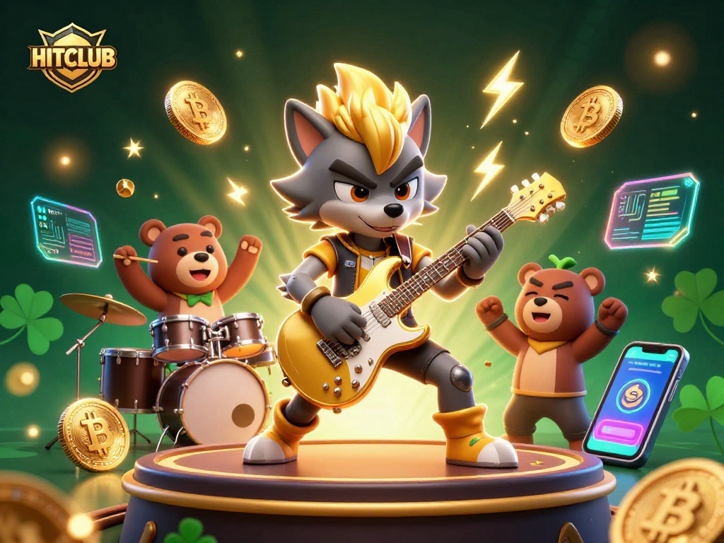 Experience the vibrant HITCLUB stage with animated characters, cryptocurrencies, and electrifying casino elements.