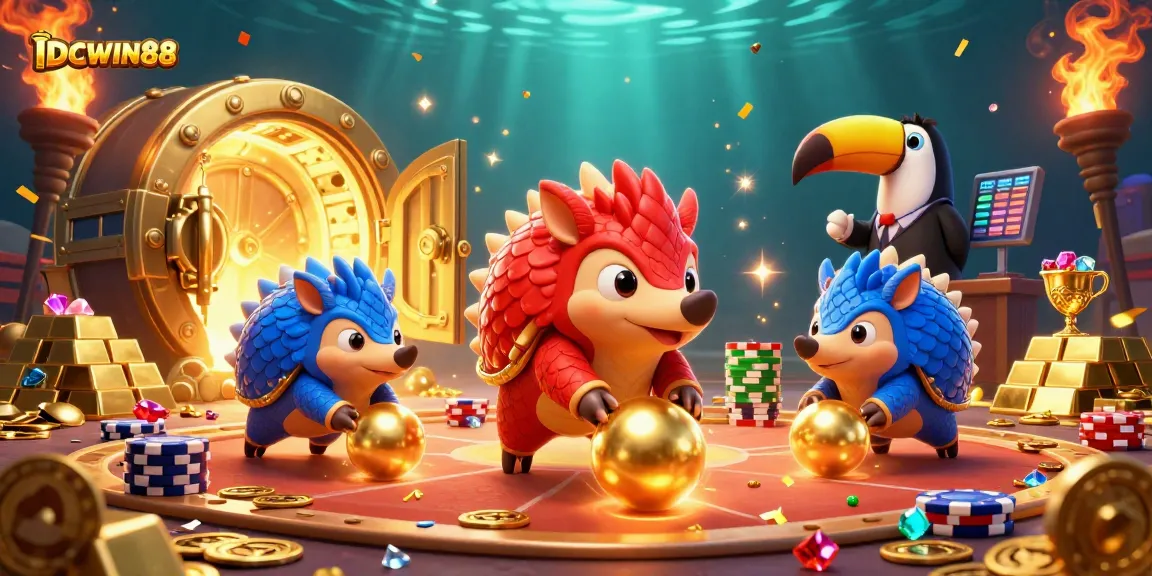 Experience thrilling gaming action with IDCWIN88 as pangolins compete in this vibrant casino scene.