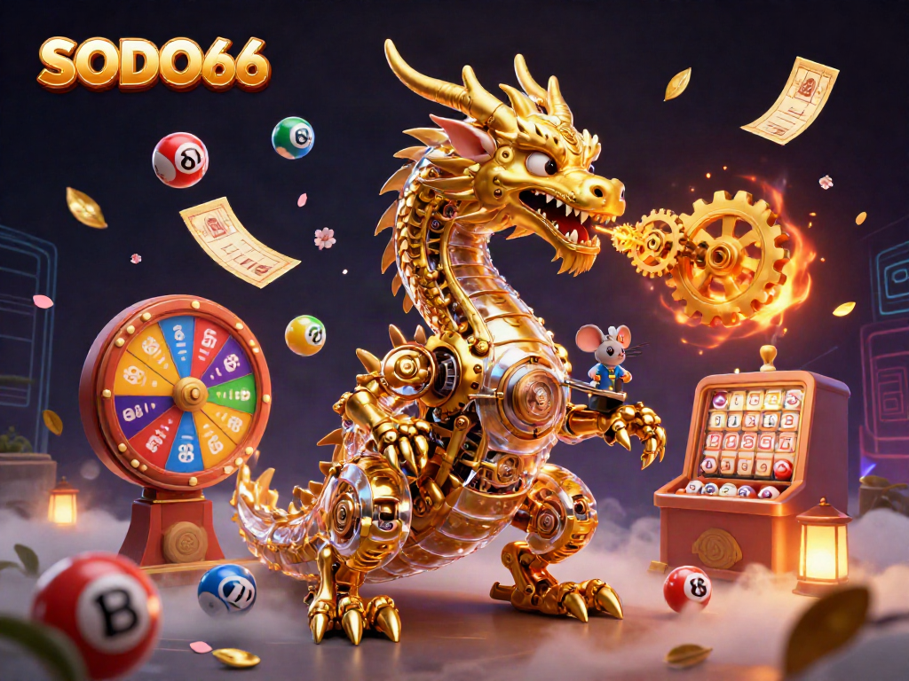 SODO66 ignites excitement with a golden dragon amidst colorful lottery elements and dazzling effects.