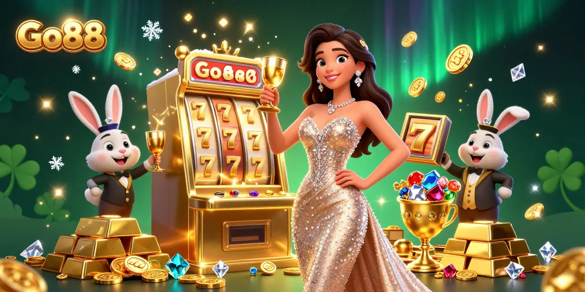 Go88 celebrates winning moments with a dazzling jackpot scene featuring a glamorous woman and cartoon croupier.
