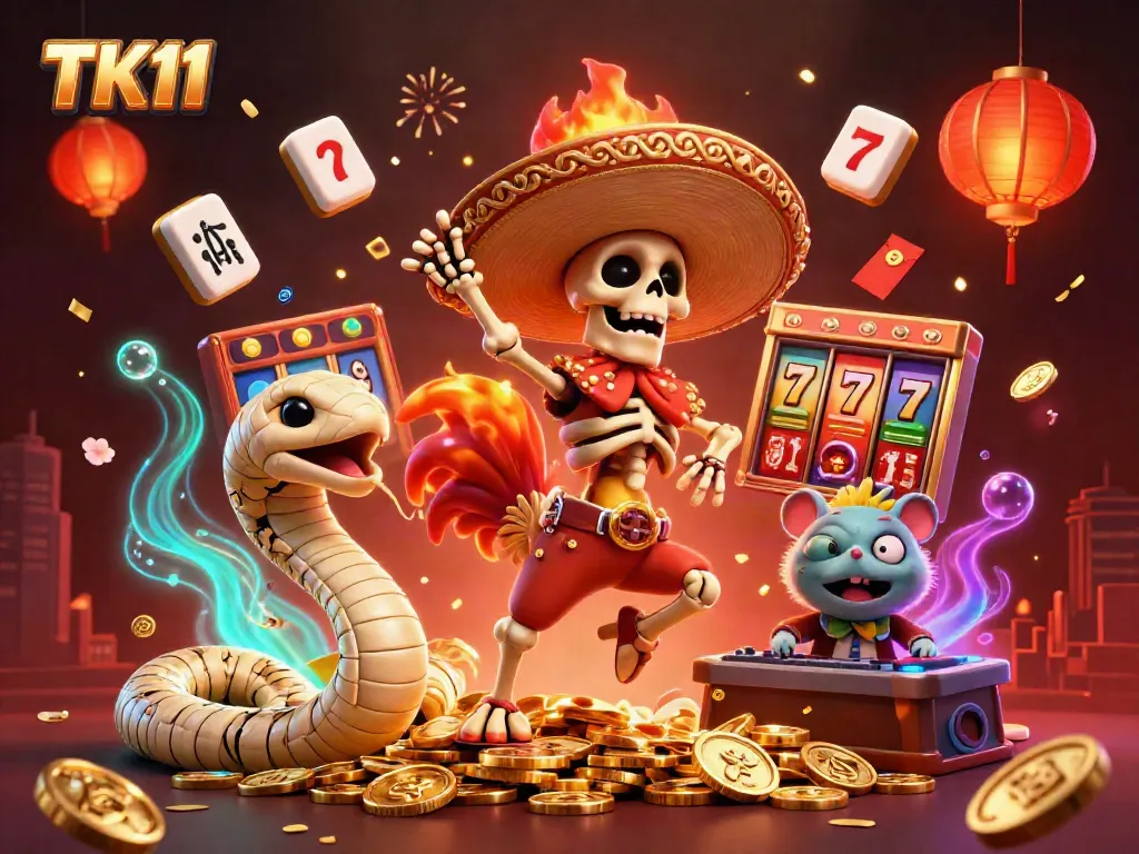 Experience the vibrant TK11 casino scene with a dancing rooster and golden coins amidst slot elements.