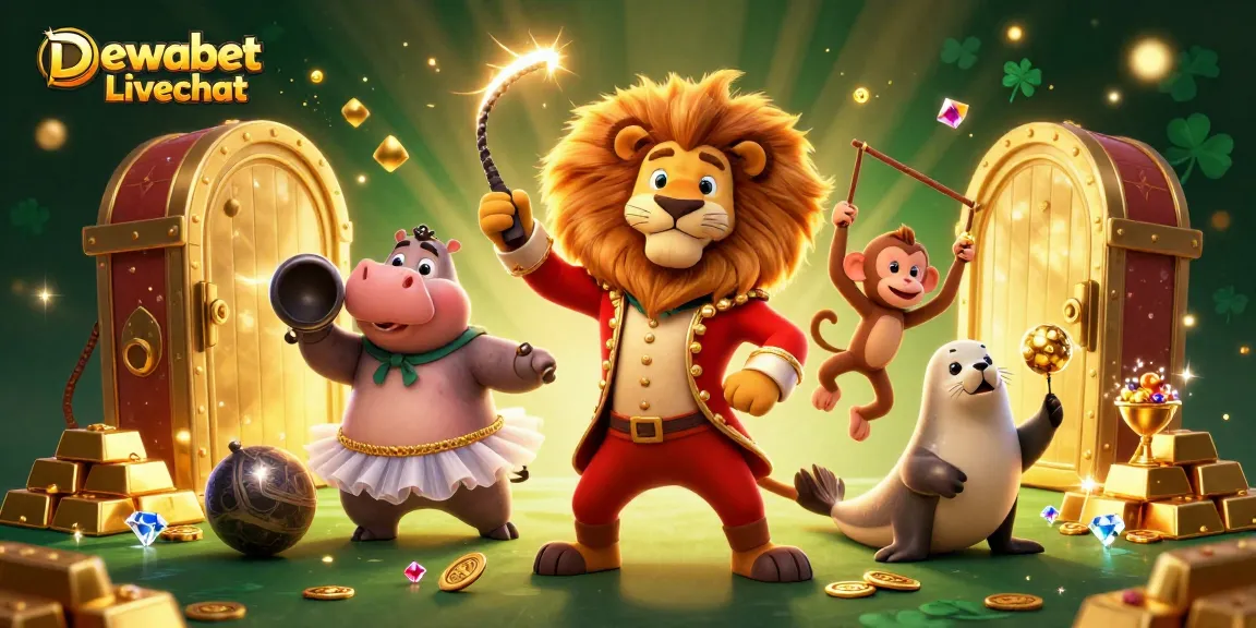 Dewabet Livechat showcases a vibrant 3D casino scene with engaging characters and sparkling treasures.