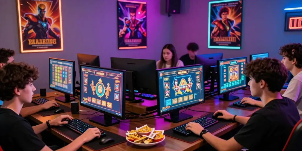 Suasana bermain game kasino di rajalangit77 dengan pemain fokus dan lingkungan yang menarik.