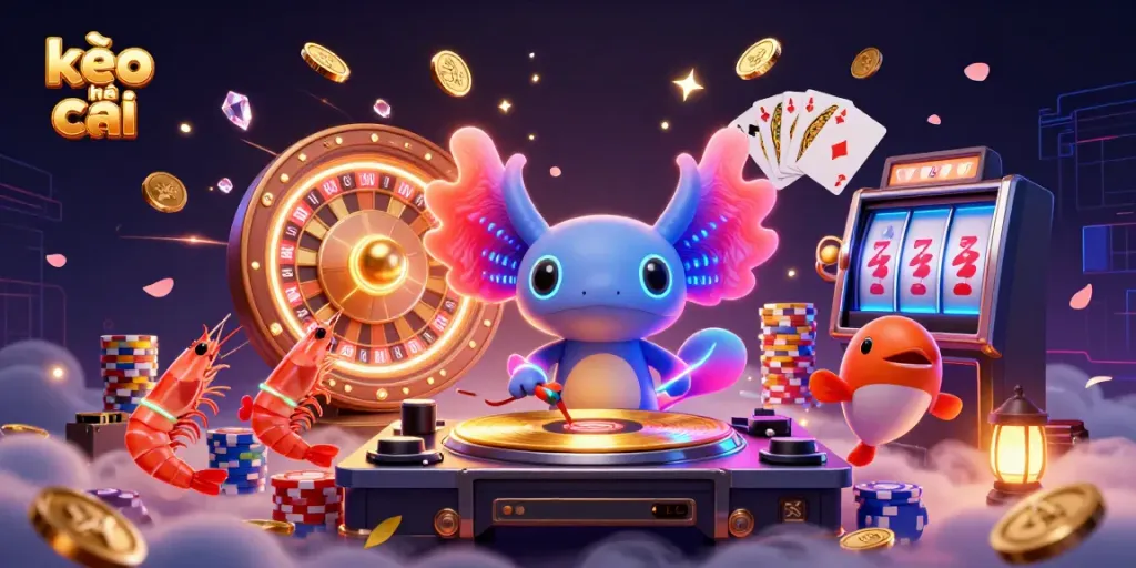 Experience kèo nhà cái in vibrant, colorful 3D illustration featuring dynamic casino elements.