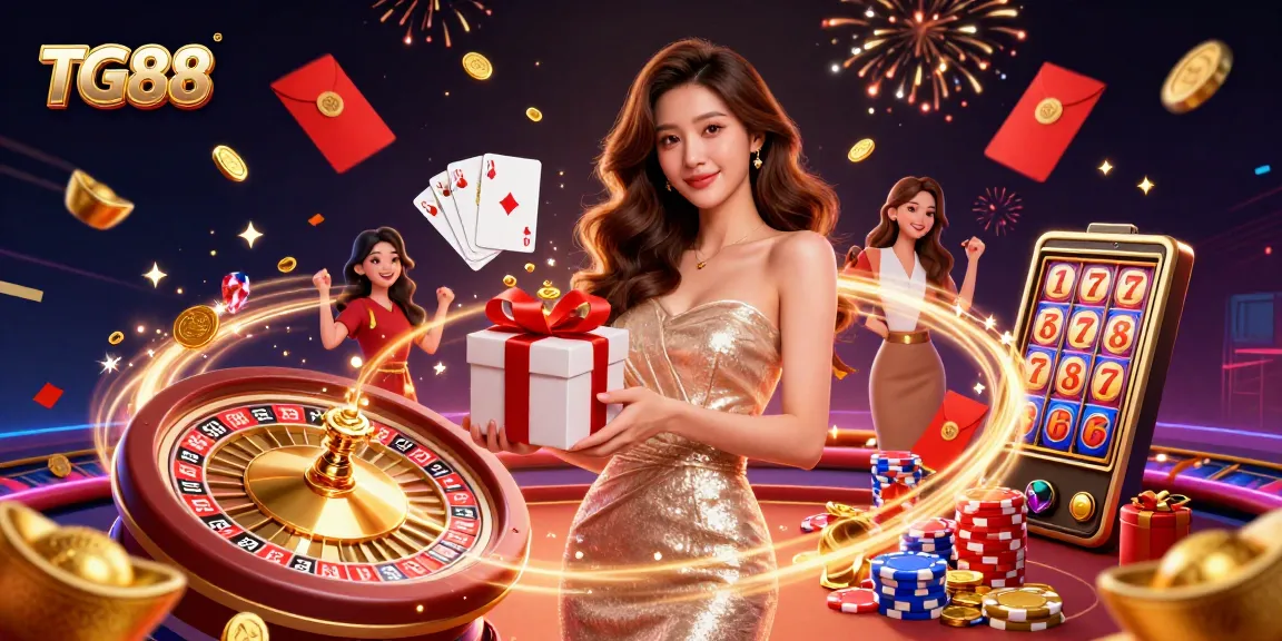 TG88 features a stunning Asian woman in a gold dress holding coins in a vibrant casino scene surrounded by lucky symbols.