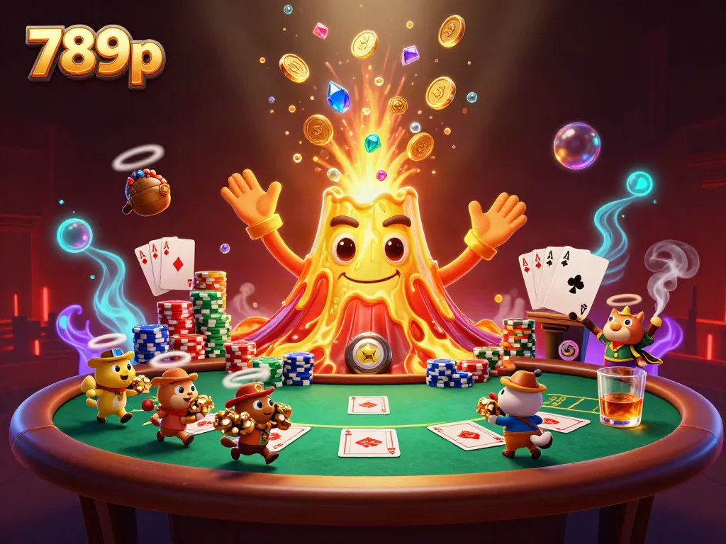 Experience the excitement of 789p casino games with a golden volcano erupting treasure and vibrant poker elements.