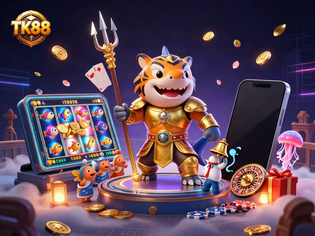 Experience thrilling gaming at TK88 with an underwater casino scene featuring a tiger shark and festive elements.