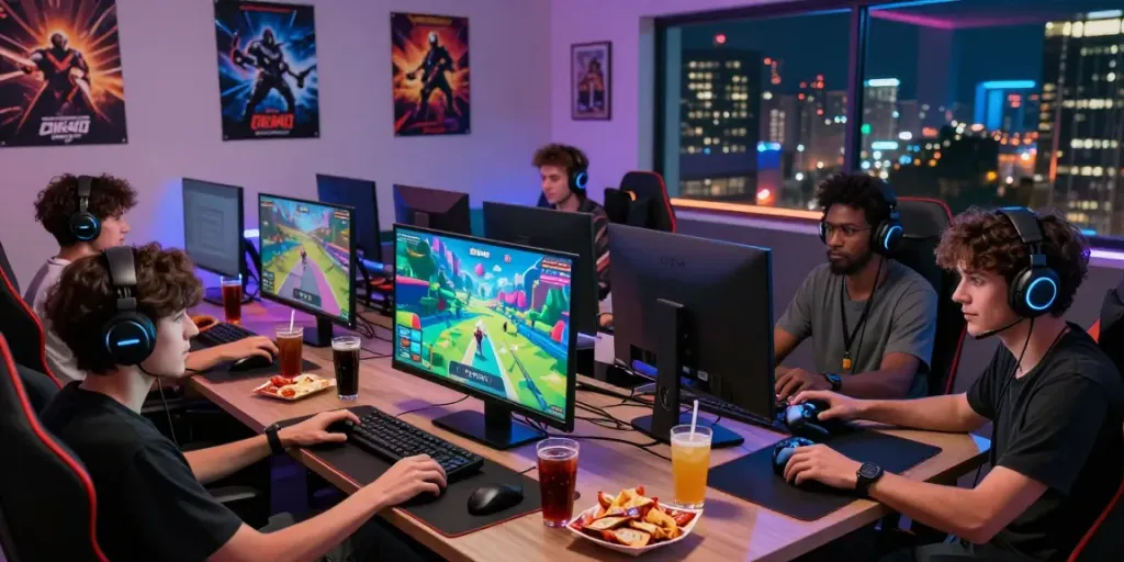 Friends enjoying a multiplayer gaming session featuring cika4d, vibrant room lighting, and dynamic screens.