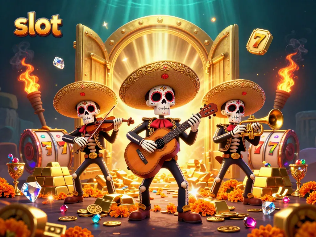 Watch vibrant slot gameplay in a Day of the Dead themed 3D illustration featuring golden treasures.