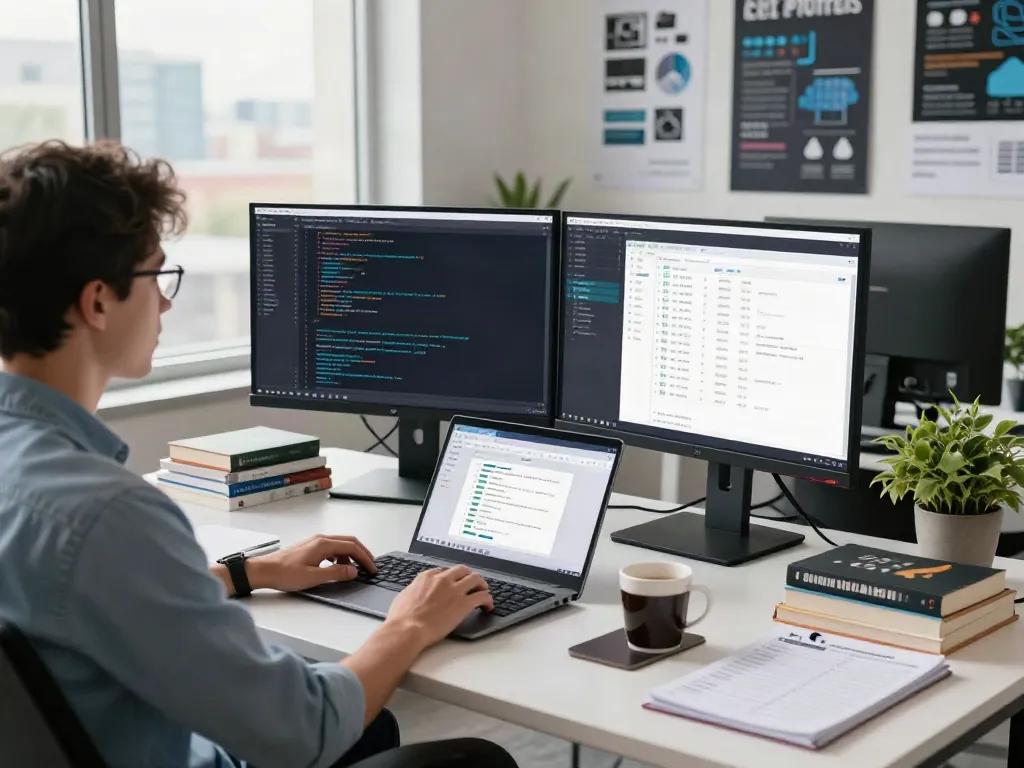 Seorang pengembang perangkat lunak bekerja dengan Server PG di ruang kerja modern dengan banyak monitor.