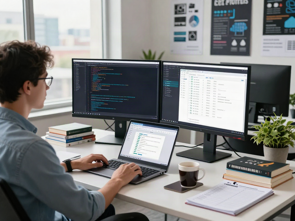 Seorang pengembang perangkat lunak bekerja dengan Server PG di ruang kerja modern dengan banyak monitor.