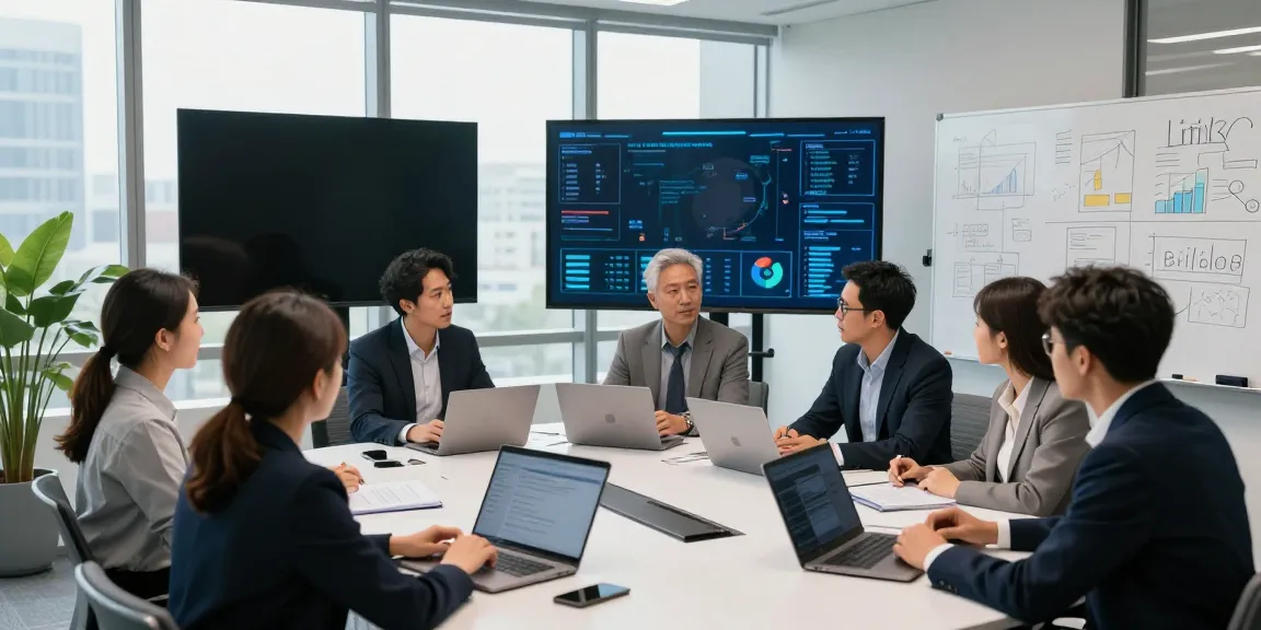 Marketing team strategizing link building agency solutions in modern conference room.