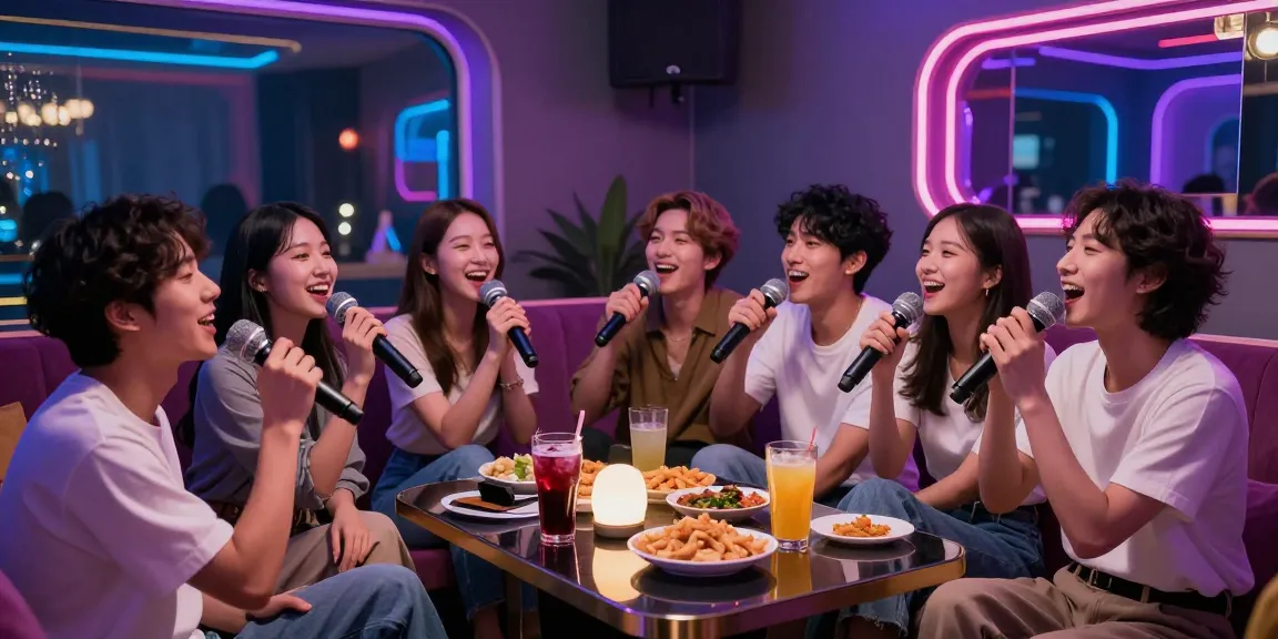 Experience the lively atmosphere at 강남 엘리트 가라오케 with friends enjoying karaoke and vibrant decor.