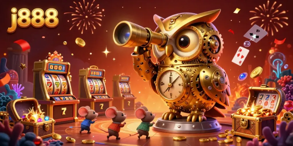 Engage with captivating j888 casino action featuring a clockwork owl, vibrant slot machines, and shimmering treasures.