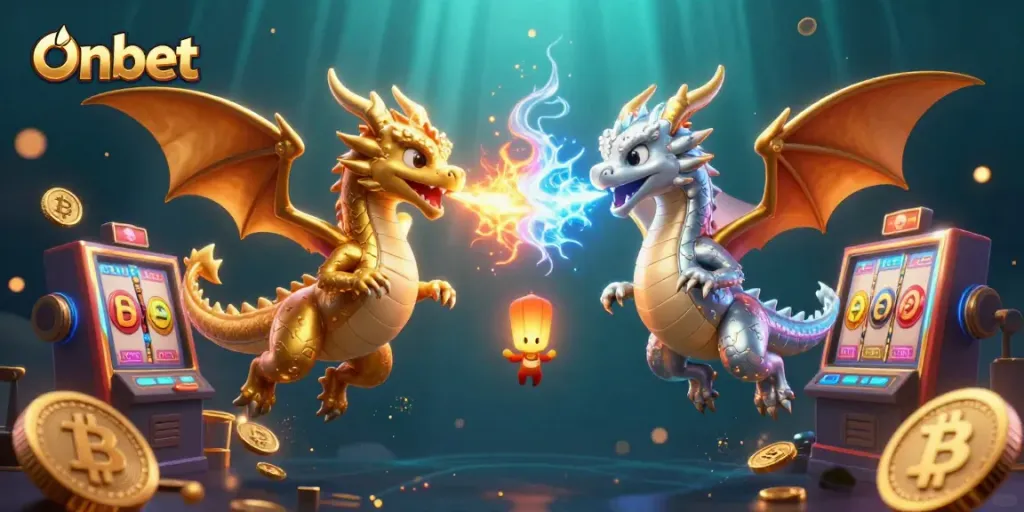 Experience thrilling wins with Onbet's enchanting dragon illustration, featuring dynamic gambling elements.